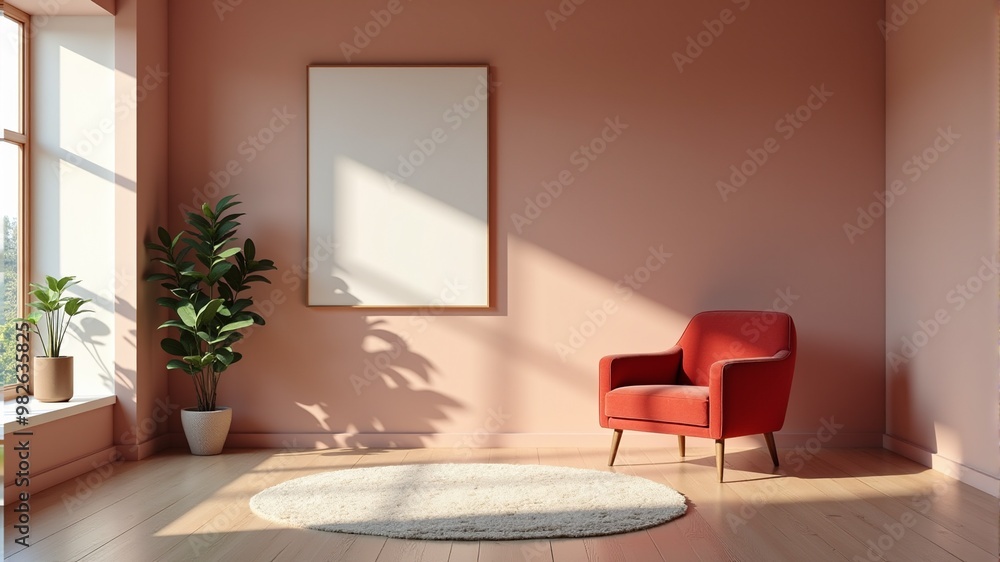 a red chair is in front of a wall with a picture on it. a red chair is in front of a wall with a picture on it.
