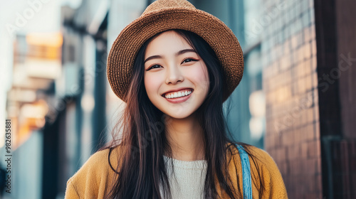 Portrait of smiling asian woman in autumn outfit  photo