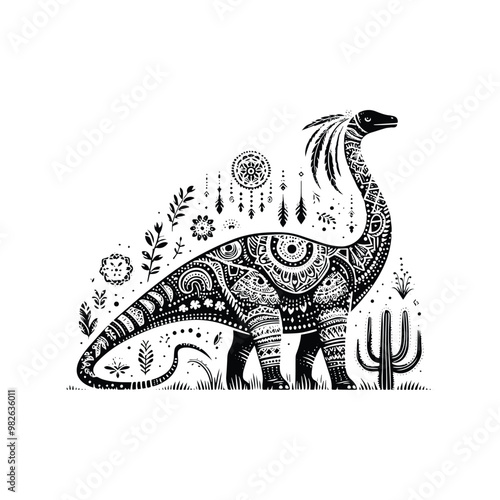 Brachiosaurus with bohemian decoration decoration in black and white illustrations, cutout graphic