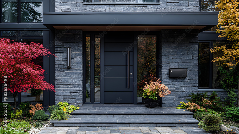 Modern black front door with glass panels, stone facade and fall foliage. Modern black front door with glass panels, stone facade and fall foliage.
