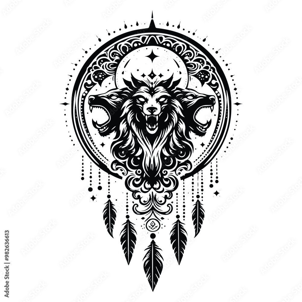 Fototapeta premium cerberus with bohemian decoration in black and white illustrations, cutout graphic w