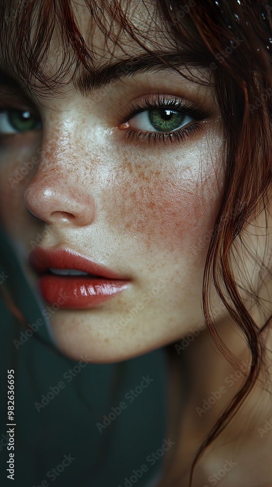 Close-up Portrait of a Woman with Green Eyes and Freckles Close-up Portrait of a Woman with Green Eyes and Freckles