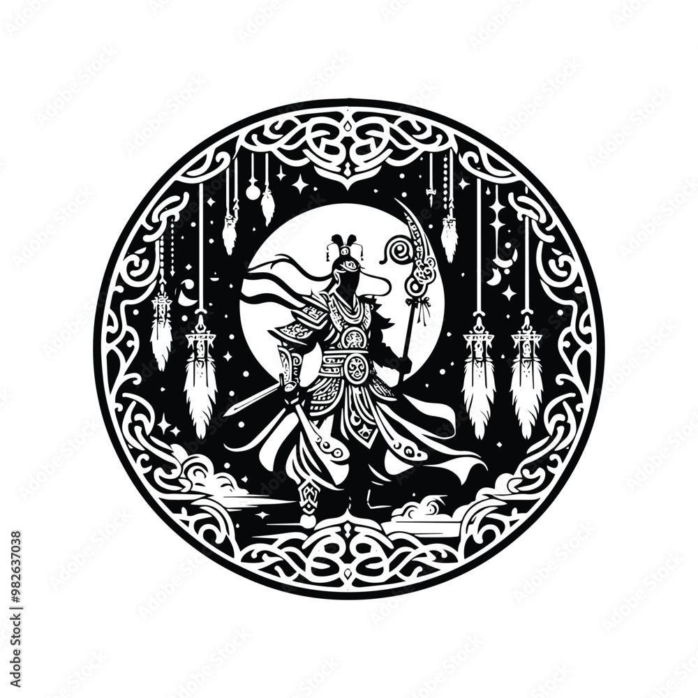 chinese warior male with bohemian decoration in black and white illustrations, cutout graphic d chinese warior male with bohemian decoration in black and white illustrations, cutout graphic d