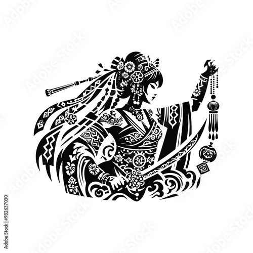chinese warior female with bohemian decoration decoration in black and white illustrations, cutout graphic