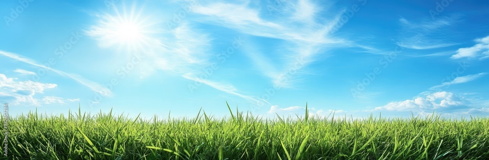 Green Grass Field Under Sunny Blue Sky - Nature Landscape Photography Green Grass Field Under Sunny Blue Sky - Nature Landscape Photography