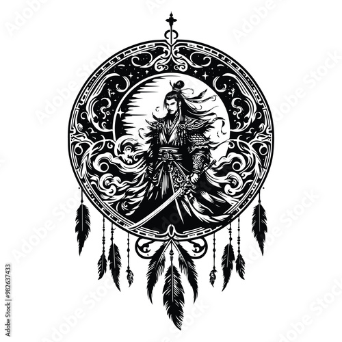 chinese warior male with bohemian decoration in black and white illustrations, cutout graphic w