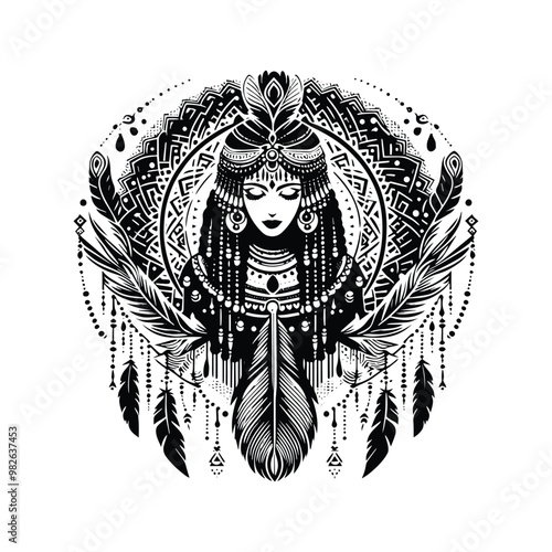 cleopatra inside bohemian decoration in black and white illustrations, cutout graphic