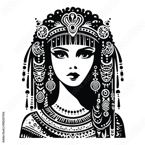 cleopatra with bohemian decoration decoration in black and white illustrations, cutout graphic