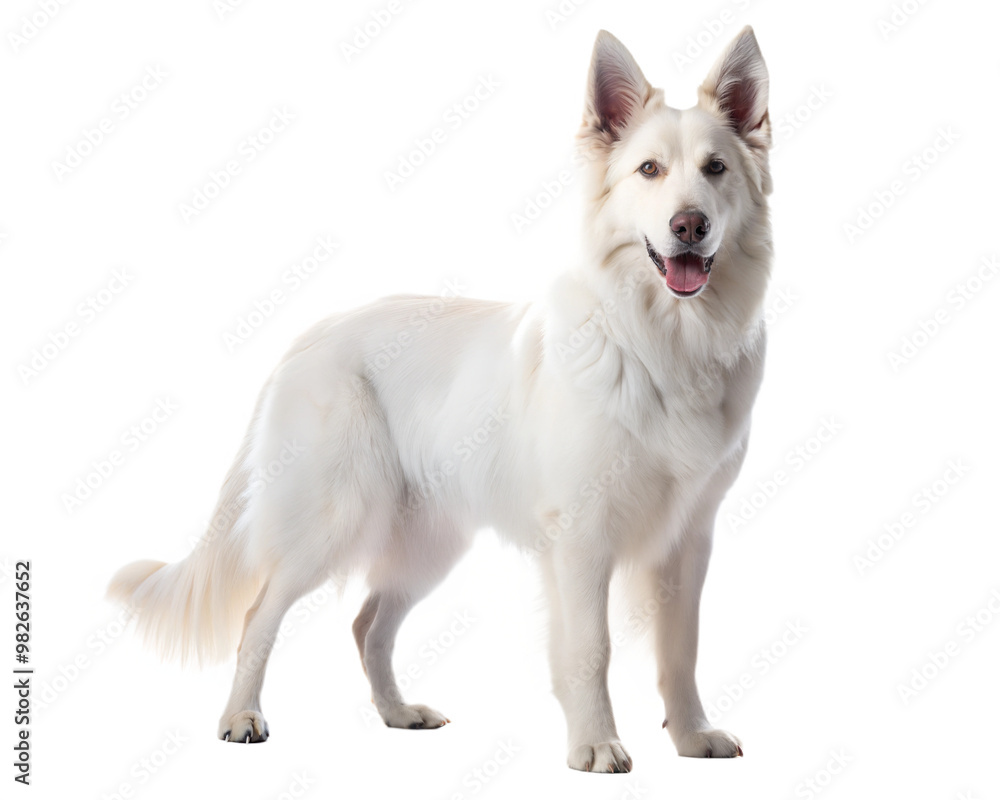 White Australian Shepherd panting mouth open and looking at the camera, isolated on white background White Australian Shepherd panting mouth open and looking at the camera, isolated on white background
