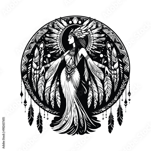 cleopatra inside bohemian decoration in black and white illustrations, cutout graphic