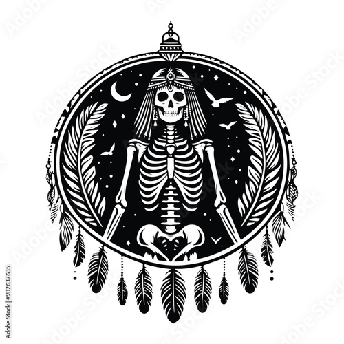 cleopatra skeleton with bohemian decoration in black and white illustrations, cutout graphic