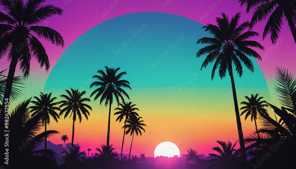 silhouettes of palm trees against a sunset background, done in a retro 80s style with hot pink, purple and blue tones silhouettes of palm trees against a sunset background, done in a retro 80s style with hot pink, purple and blue tones