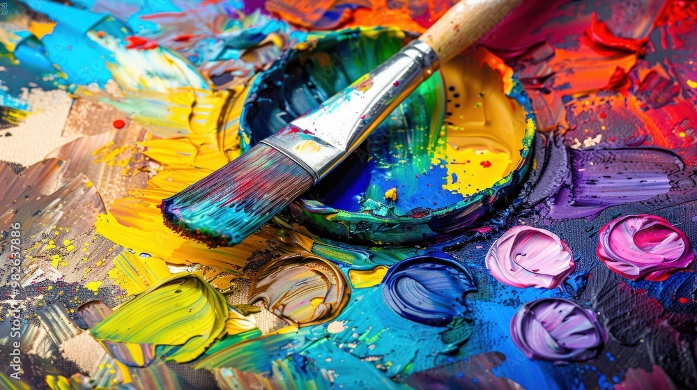 Fototapeta premium Colorful abstract paint splashes on canvas with brush in center, showcasing vibrant mixed colors like yellow, blue, green, purple. Texture, movement, creativity seen through expressive brush strokes.