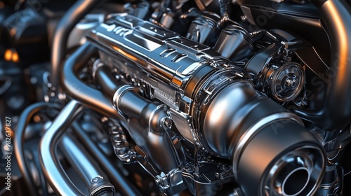 A close-up view of a metallic engine component showcasing intricate detailing and polished surfaces, emphasizing automotive engineering and design.