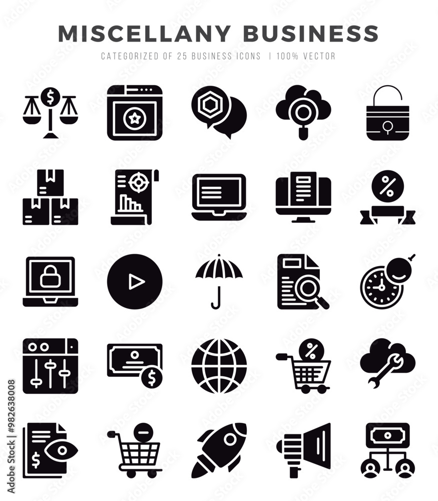 Miscellany Business icons set. Collection of simple Glyph web icons. Miscellany Business icons set. Collection of simple Glyph web icons.