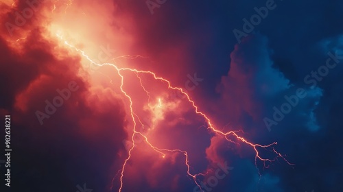 A dramatic display of lightning illuminates the dark clouds, creating a striking contrast of vibrant colors against the stormy sky. photo