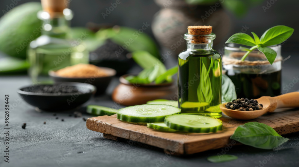 A composition featuring fresh cucumber slices, basil leaves, and bottles of essential oil on a rustic wooden board with a dark background. A composition featuring fresh cucumber slices, basil leaves, and bottles of essential oil on a rustic wooden board with a dark background.