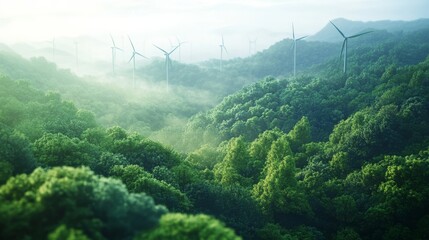 Lush green forests with wind turbines in the background, showcasing a serene, eco-friendly landscape under soft misty light.