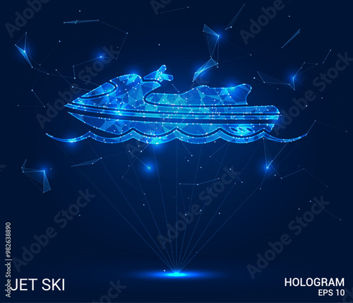 Hologram jet ski. Jet ski made of polygons, triangles, dots, and lines. Low-poly jet ski structure of connections. Technology concept vector.