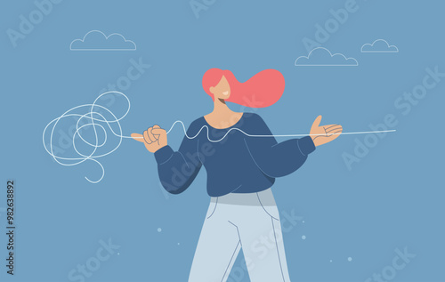 Complex problem solving process to simple problem solving concept, Problem solving skills by thinking of solutions, Businesswoman untangling a tangled rope into a simple straight line. Vector design