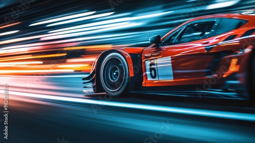 A dynamic shot of a sleek red race car speeding through a neon-lit track, showcasing motion blur and vibrant colors.