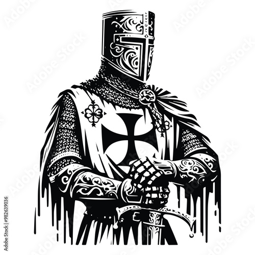 Crusader Templars Knights male with bohemian decoration decoration in black and white illustrations, cutout graphic black and white illustration