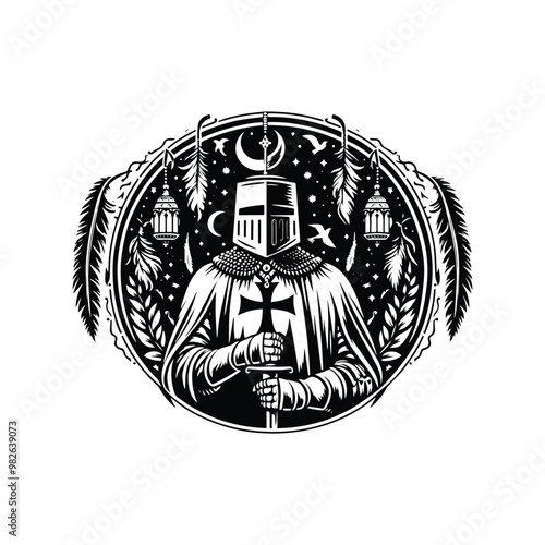 Crusader Templars Knights male with bohemian decoration in black and white illustrations, cutout graphic black and white illustration