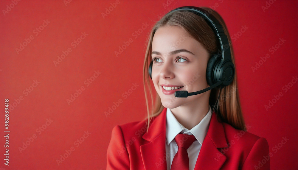 Smiling businesswoman wearing headset in front of red wall Smiling businesswoman wearing headset in front of red wall