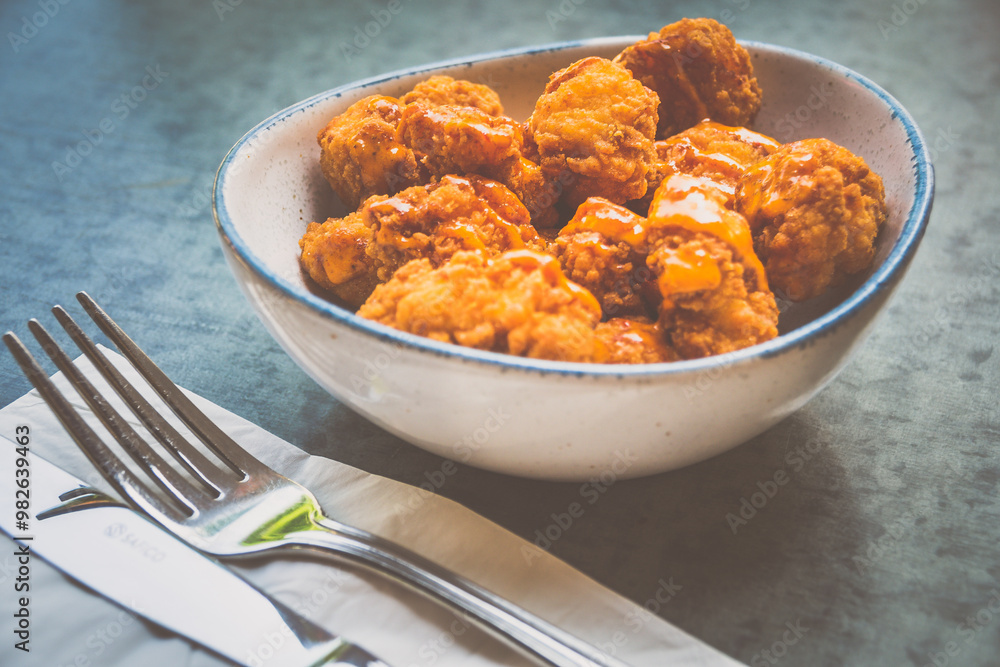 Laksa Popcorn chicken with Laksa Mayonnaise Dip served in a bowl. Laksa Popcorn chicken with Laksa Mayonnaise Dip served in a bowl.