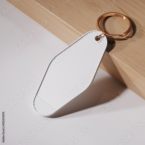 Hotel keychain with golden ring mockup. 3D rendering