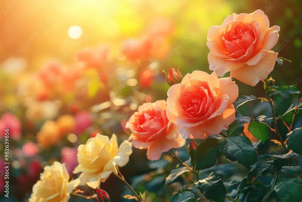 Colorful roses blooming in the garden at sunset. Nature background with generative ai