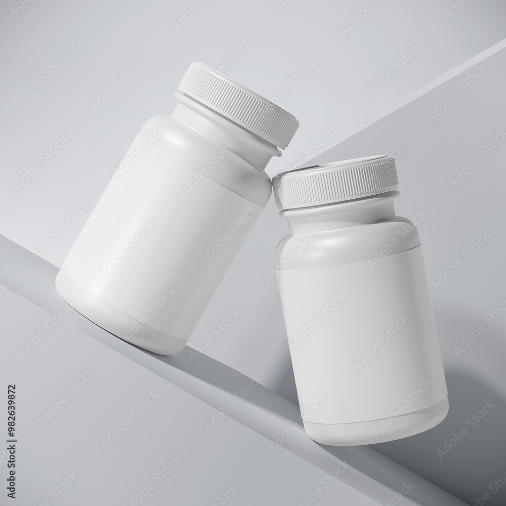 Two supplement bottles on inclined surface mockup. 3D rendering Two supplement bottles on inclined surface mockup. 3D rendering