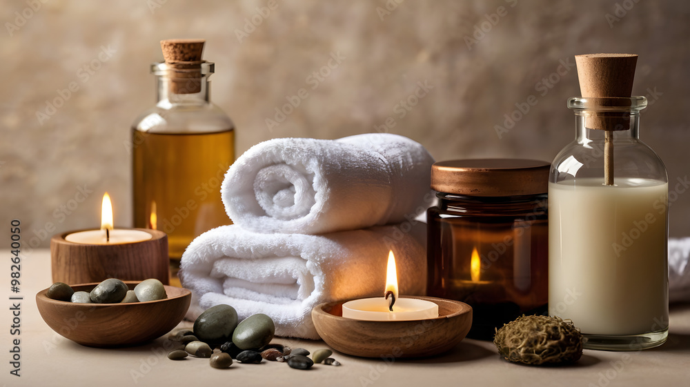 Spa still life with candles and towel, creating a serene aromatherapy experience for beauty and relaxation Spa still life with candles and towel, creating a serene aromatherapy experience for beauty and relaxation