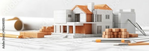 House Model with Building Plans and Construction Materials
