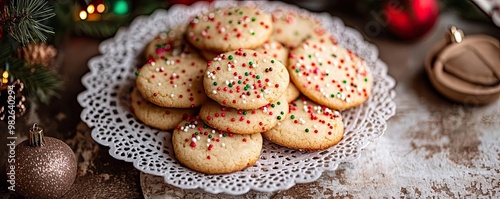 Freshly baked sugar cookies decorated with colorful sprinkles for a festive holiday table setting.