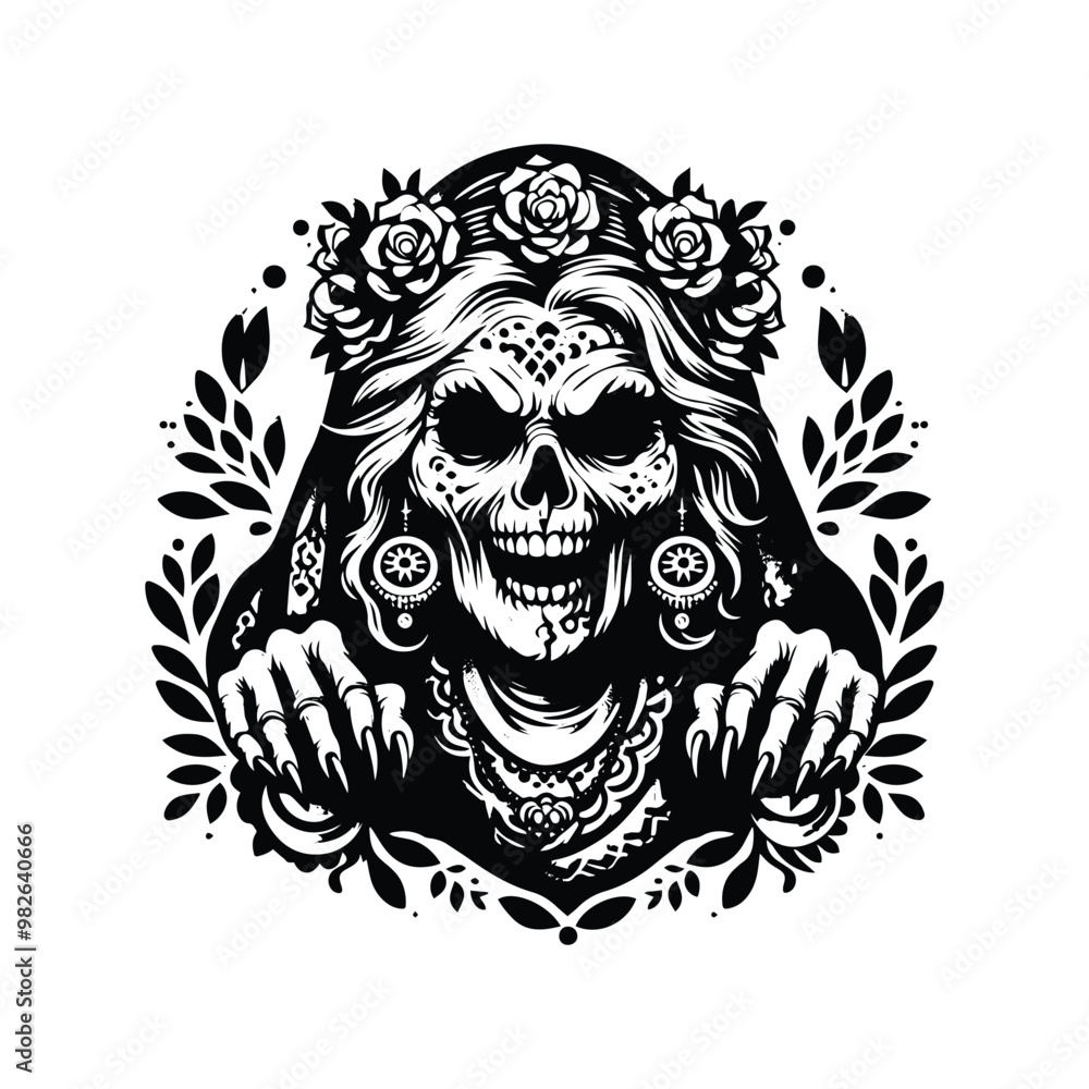 Fototapeta premium evil granny horror with bohemian decoration decoration in black and white illustrations, cutout graphic