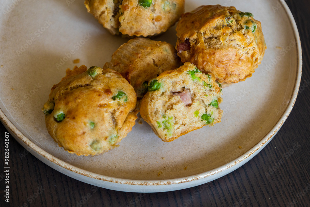 Healthy Delicious Muffin with Pea and Ham Close-Up Healthy Delicious Muffin with Pea and Ham Close-Up