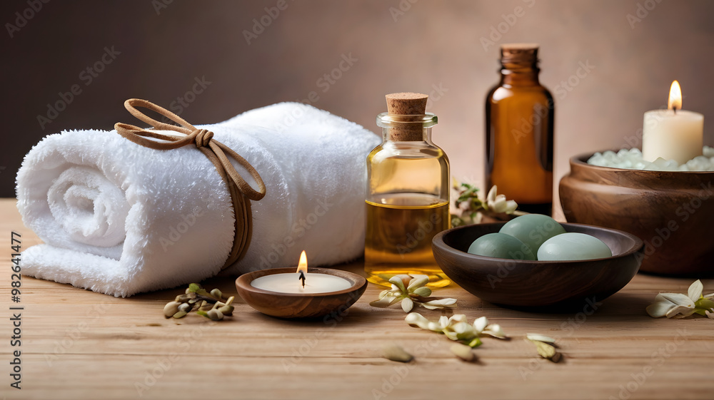 Spa still life with candles and towel, creating a serene atmosphere Spa still life with candles and towel, creating a serene atmosphere