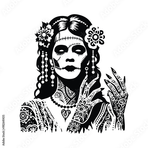 frankenstain female with bohemian decoration decoration in black and white illustrations, cutout graphic