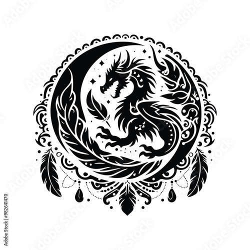 fire dragon with bohemian decoration in black and white illustrations, cutout graphic