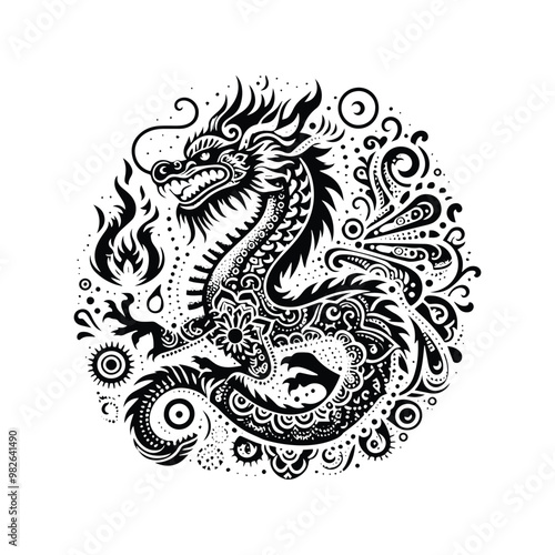 fire dragon with bohemian decoration decoration in black and white illustrations, cutout graphic