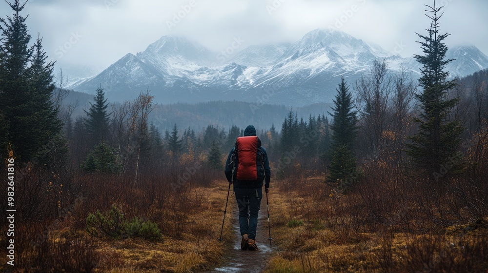 Rugged Adventurer Hiking in Snow-Capped Mountains with Backpack and Poles Rugged Adventurer Hiking in Snow-Capped Mountains with Backpack and Poles