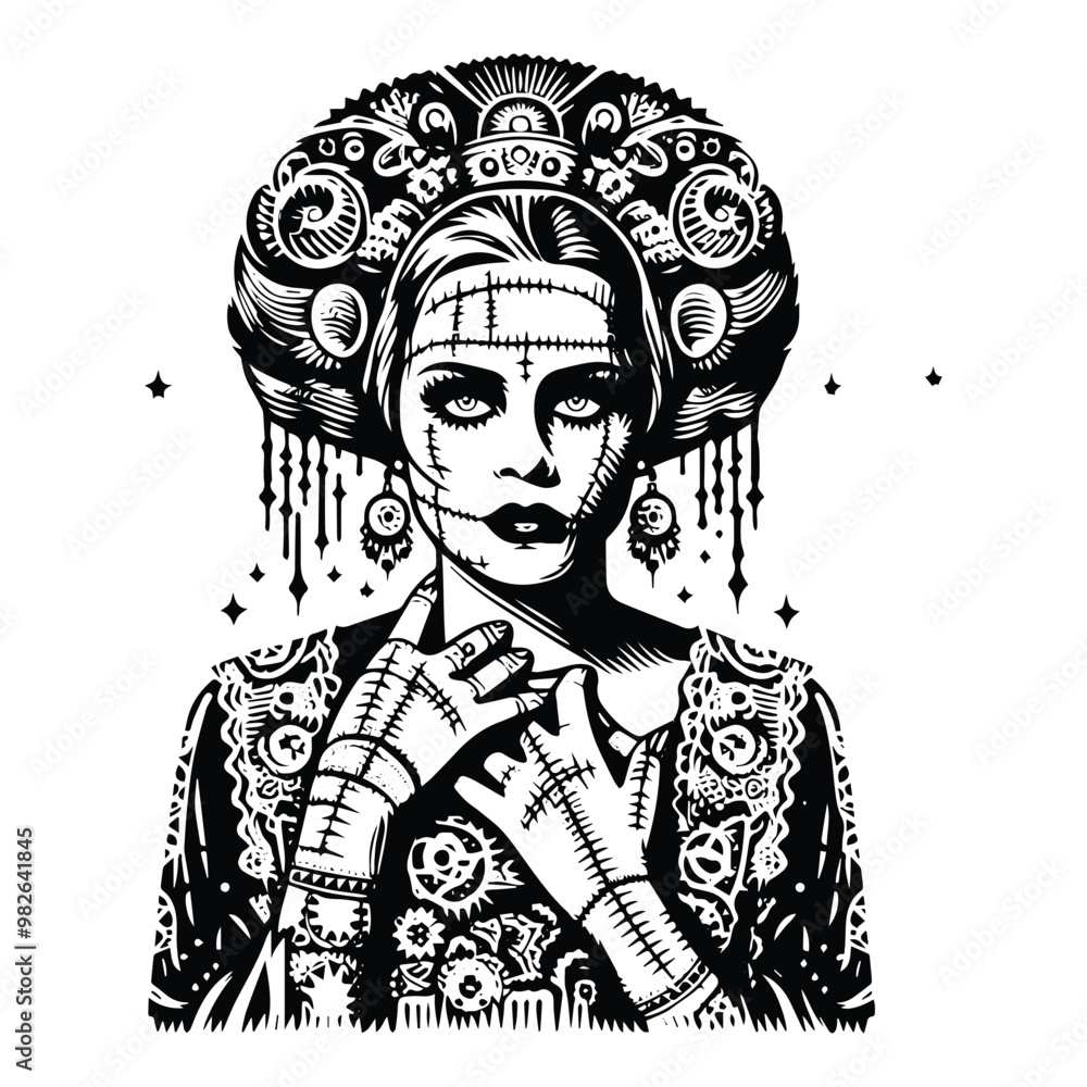 Fototapeta premium frankenstain female with bohemian decoration decoration in black and white illustrations, cutout graphic