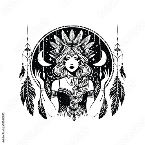 Freya goddess inside bohemian decoration in black and white illustrations, cutout graphic