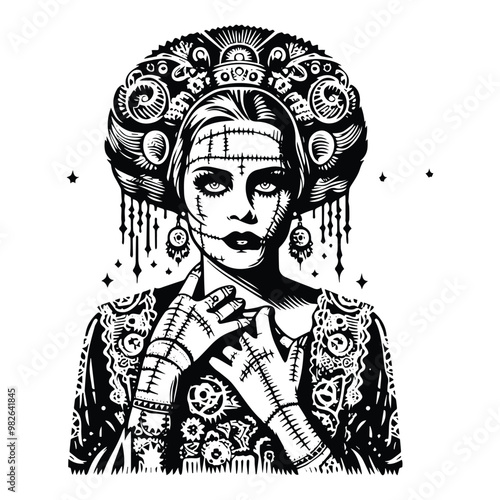 frankenstain female with bohemian decoration decoration in black and white illustrations, cutout graphic