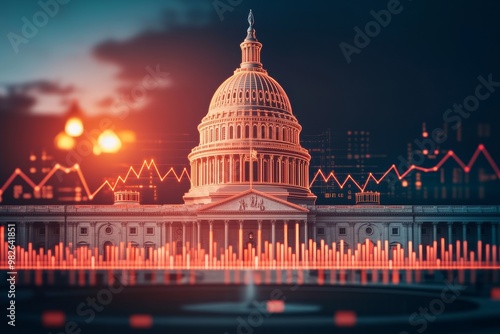 Dramatic sunset view of a government building with overlay stock market trend graphics, symbolizing economic insights and governance.