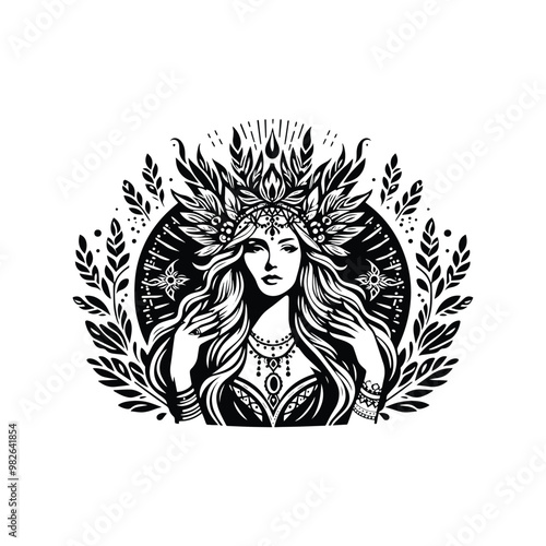 Freya goddess with bohemian decoration decoration in black and white illustrations, cutout graphic