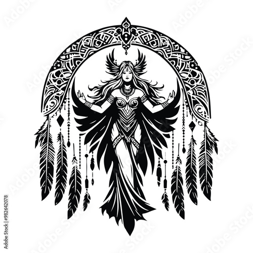 Freya goddess with bohemian decoration in black and white illustrations, cutout graphic