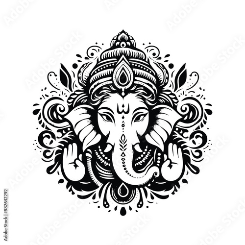 Ganesha hindu god with bohemian decoration in black and white illustrations, cutout graphic