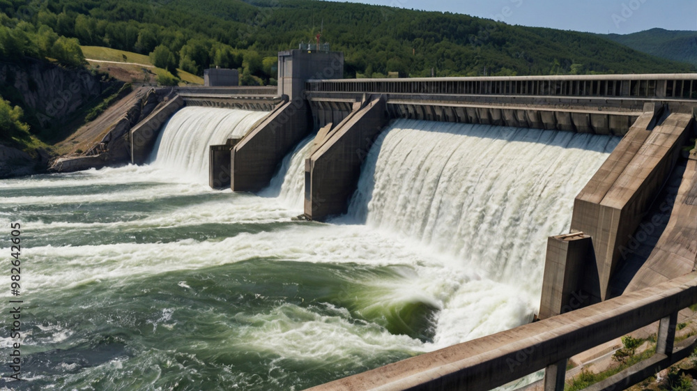Hydroelectric dam with rushing water and electric turbines turning with the force of the flowing river water , generating clean energy for ecology and zero carbon targets Hydroelectric dam with rushing water and electric turbines turning with the force of the flowing river water , generating clean energy for ecology and zero carbon targets